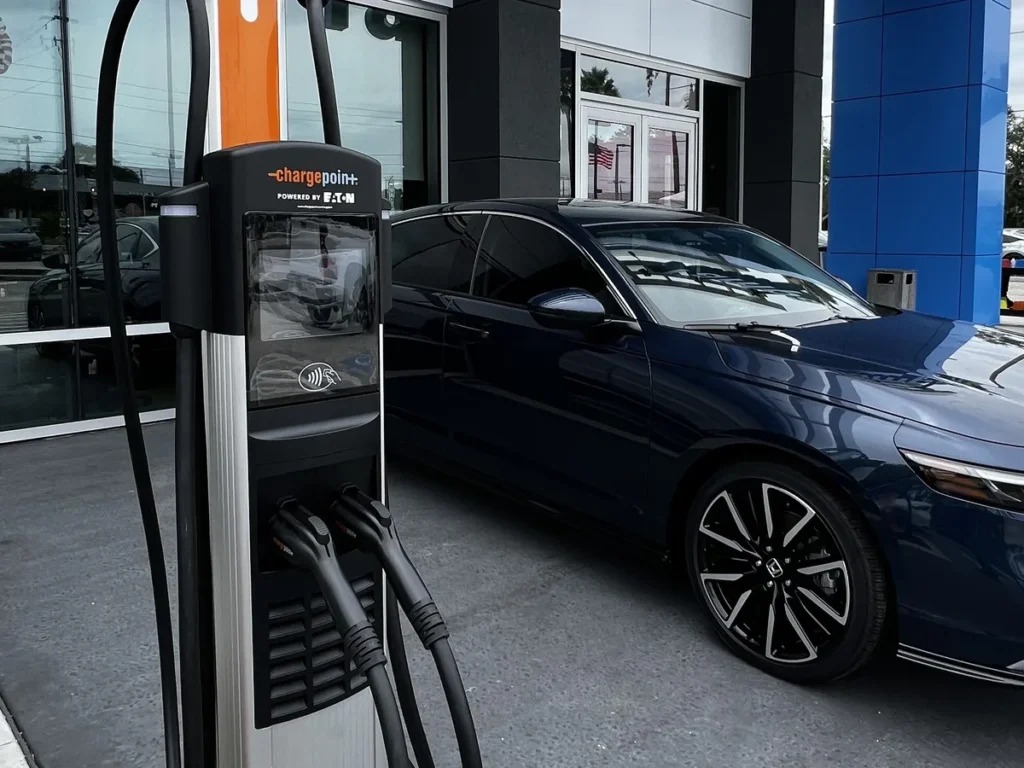 Dual-port Level 2 EV charging station installed at a Tampa commercial dealership