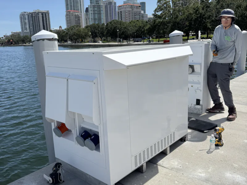 Shore power pedestal and lift motors on a Florida marina dock