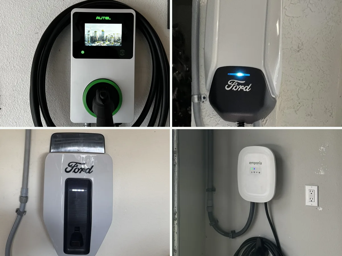 Four brands of EV charger installed by Far Out Design - an Autel wall unit, two Ford Connected Charge Stations and an Emporia - on home garage and carport walls around Tampa Bay and south to Sarasota