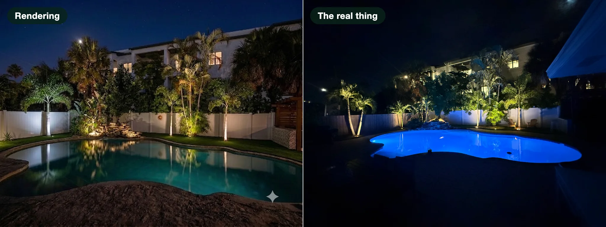 Landscape lighting in Pinellas County, FL: the design rendering on the left beside the finished installation at night on the right - uplit palms, rock waterfall, and glowing pool