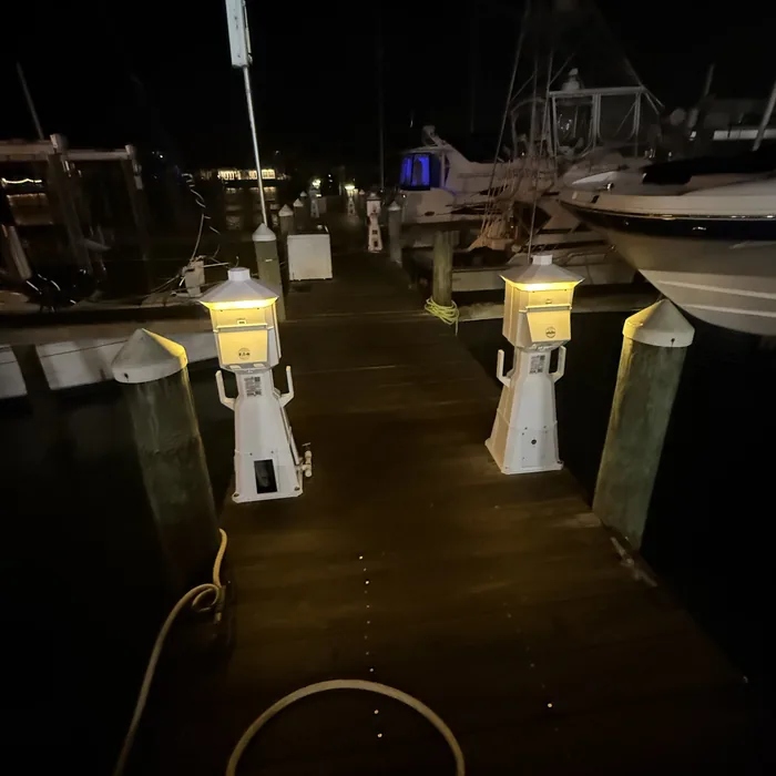 Lighted shore-power pedestals on a marina dock at night in Pinellas County, FL