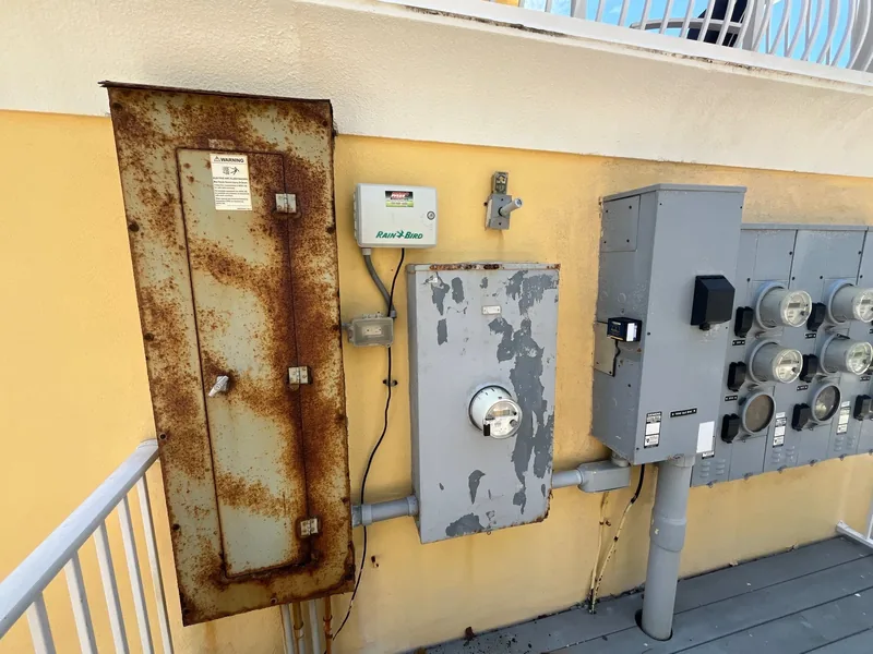 Salt-air-corroded electrical panel and meter bank on a Gulf coast building in Pinellas County, FL